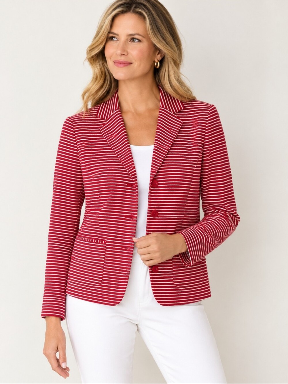 Talbots Peppermint Red White Striped Office Single Brested Cotton Jersey Jacket